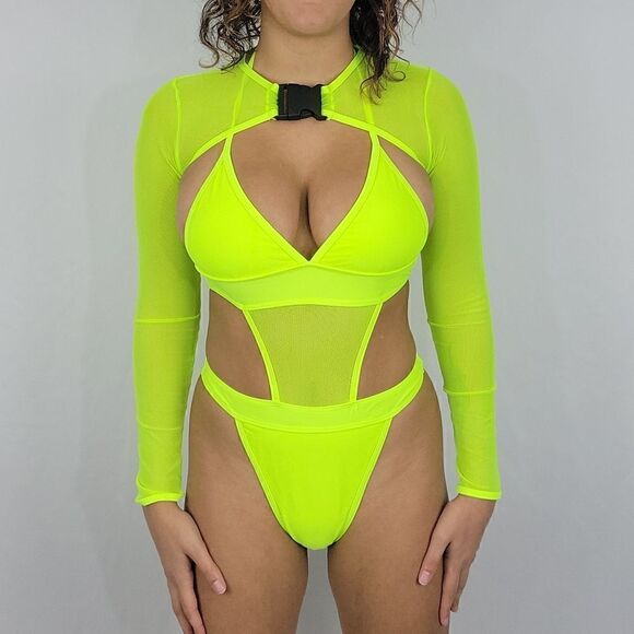 Neon Lime Green Contrast Mesh One Piece Cut Out Space Swimsuit with Cover Up Top - Picture 1 of 6